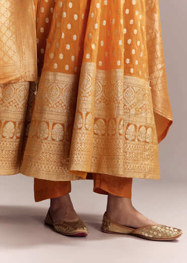 Orange Jacquard Anarkali Suit With Woven Brocade Dupatta