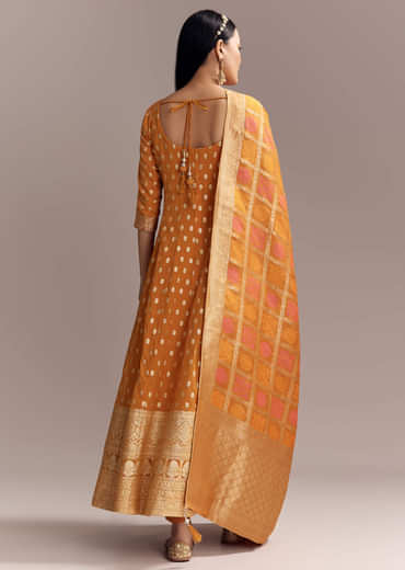 Orange Jacquard Anarkali Suit With Woven Brocade Dupatta
