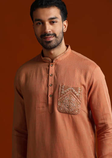 Orange Kurta Set For Men With Resham Work