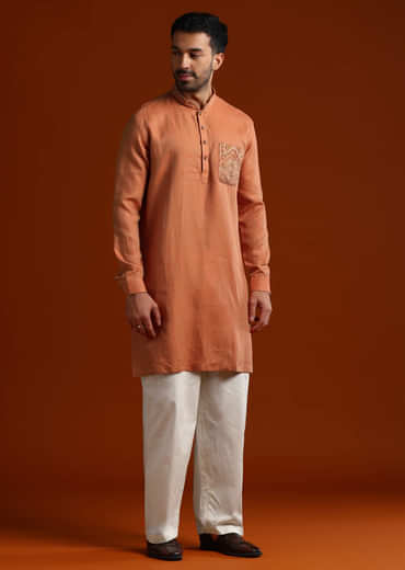 Orange Kurta Set For Men With Resham Work