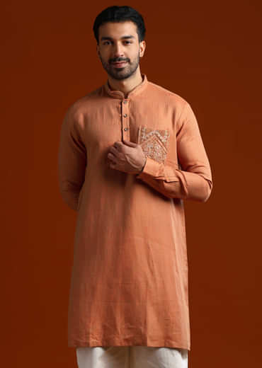 Orange Kurta Set For Men With Resham Work