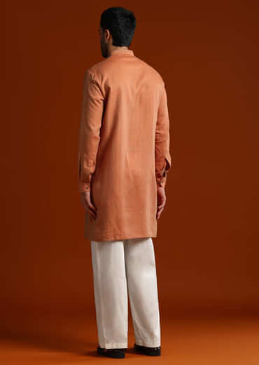 Orange Kurta Set For Men With Resham Work
