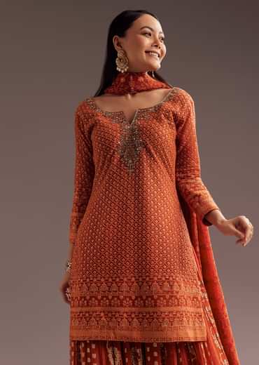 Orange Lucknowi Mirror Zardosi Kurta Palazzo Dupatta Set