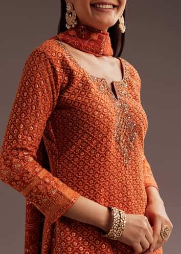 Orange Lucknowi Mirror Zardosi Kurta Palazzo Dupatta Set