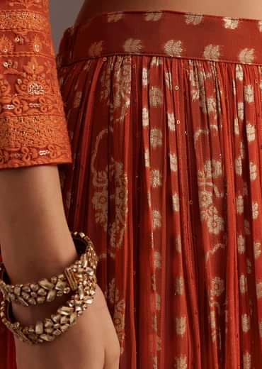 Orange Lucknowi Mirror Zardosi Kurta Palazzo Dupatta Set