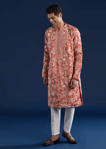 Orange Mirror Embellished Mens Kurta and Pant Set