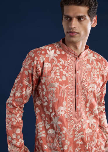 Orange Mirror Embellished Mens Kurta and Pant Set