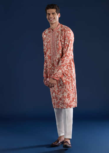 Orange Mirror Embellished Mens Kurta and Pant Set