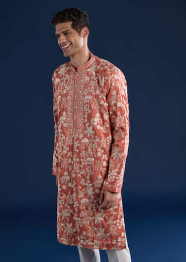 Orange Mirror Embellished Mens Kurta and Pant Set