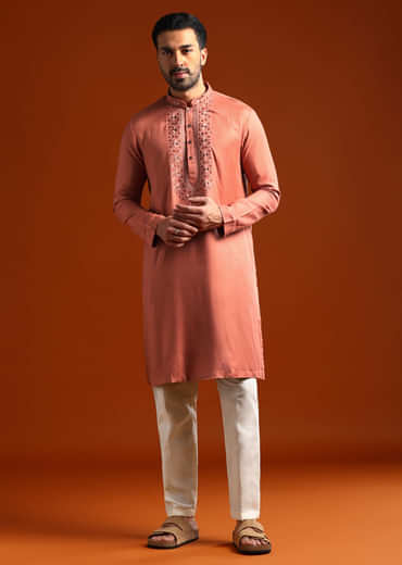 Orange Modal Kurta Set For Men With Thread Work