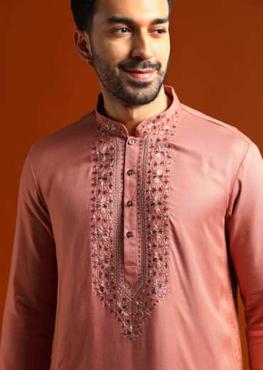 Orange Modal Kurta Set For Men With Thread Work
