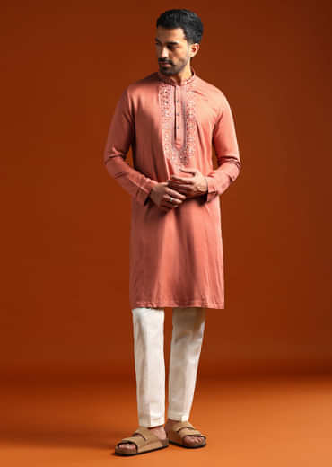 Orange Modal Kurta Set For Men With Thread Work