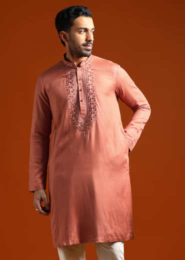 Orange Modal Kurta Set For Men With Thread Work