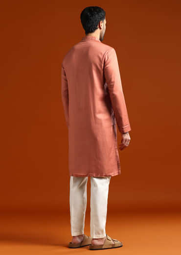 Orange Modal Kurta Set For Men With Thread Work