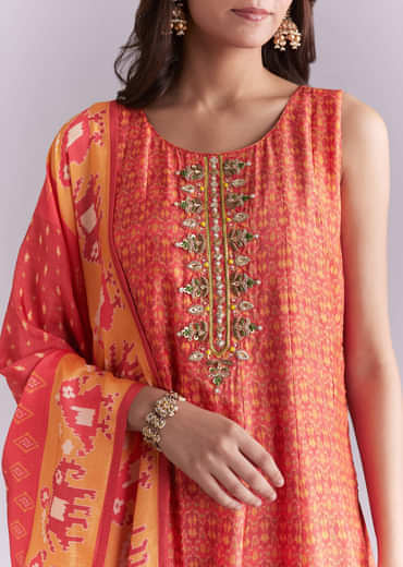 Orange Muslin Anarkali Suit With Indie Print