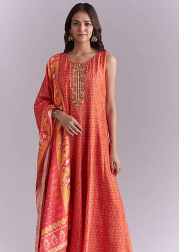 Orange Muslin Anarkali Suit With Indie Print