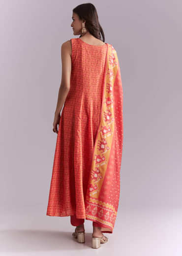 Orange Muslin Anarkali Suit With Indie Print