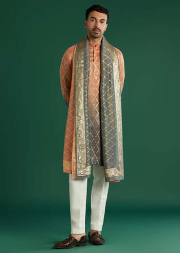 Orange Ombre Silk Kurta Set For Men With Diamond Pattern