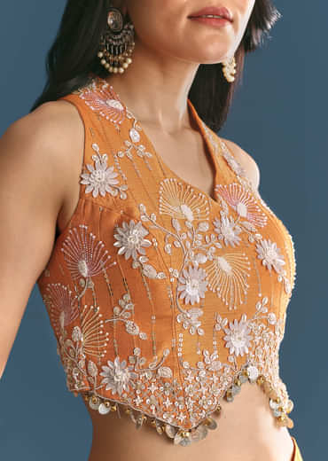 Orange Ombre Silk Palazzo Suit With Cutdana Croptop