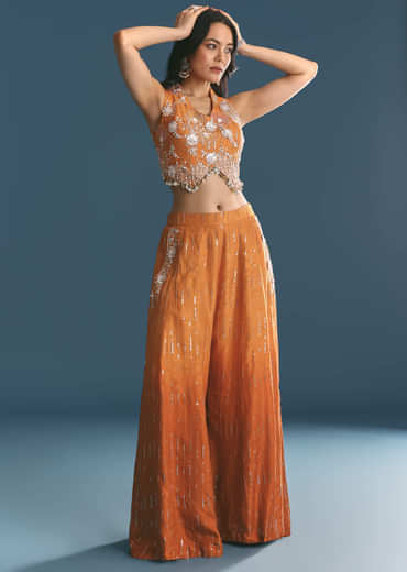 Orange Ombre Silk Palazzo Suit With Cutdana Croptop