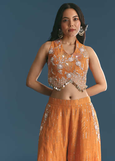 Orange Ombre Silk Palazzo Suit With Cutdana Croptop