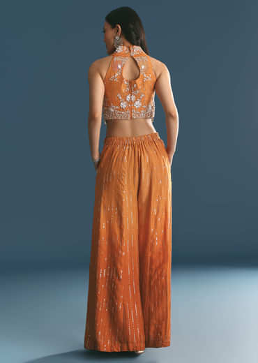 Orange Ombre Silk Palazzo Suit With Cutdana Croptop