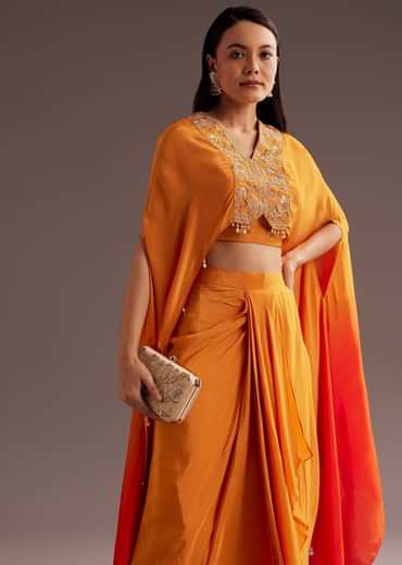 Orange Ombre Zardosi Moti Cape Skirt Set