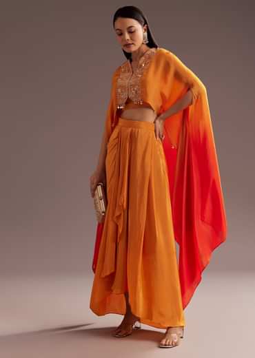 Orange Ombre Zardosi Moti Cape Skirt Set