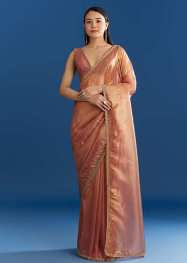 Orange Organza Tissue Saree With Sparkling Scallop Border