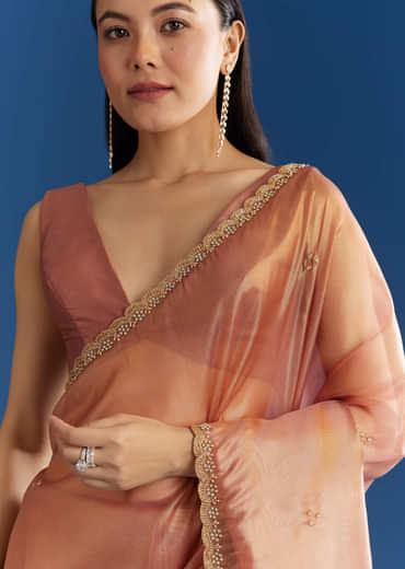 Orange Organza Tissue Saree With Sparkling Scallop Border