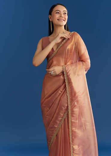 Orange Organza Tissue Saree With Sparkling Scallop Border
