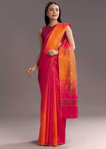 Orange Red Shaded Kora Silk Handloom Saree With Woven Motif