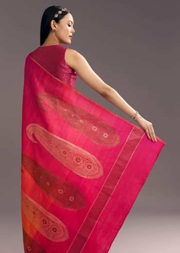 Orange Red Shaded Kora Silk Handloom Saree With Woven Motif