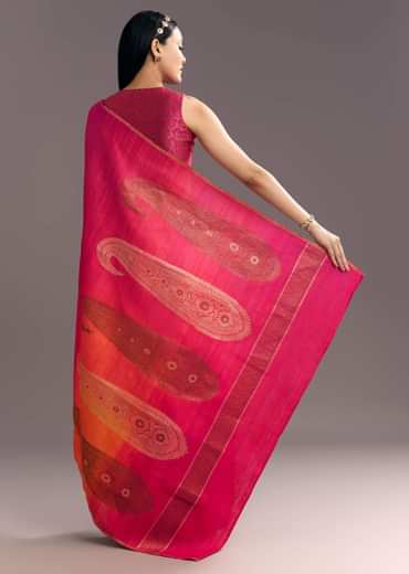 Orange Red Shaded Kora Silk Handloom Saree With Woven Motif