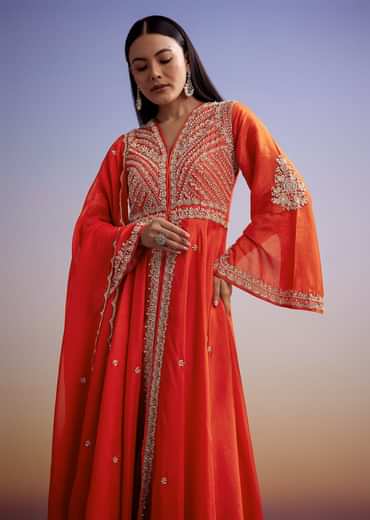 Orange Russian Silk Palazzo Suit With Cut Dana And Sequins Work