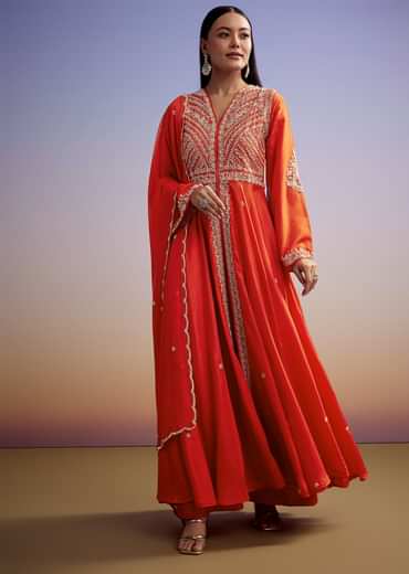 Orange Russian Silk Palazzo Suit With Cut Dana And Sequins Work
