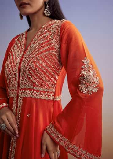 Orange Russian Silk Palazzo Suit With Cut Dana And Sequins Work