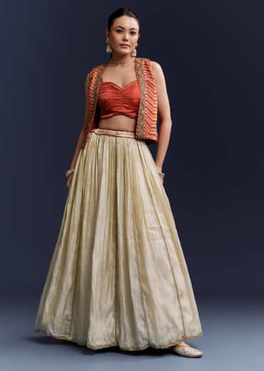 Orange Satin Festive Lehenga With Hand Dyed Chevron Print Jacket
