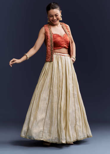 Orange Satin Festive Lehenga With Hand Dyed Chevron Print Jacket