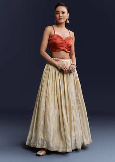 Orange Satin Festive Lehenga With Hand Dyed Chevron Print Jacket