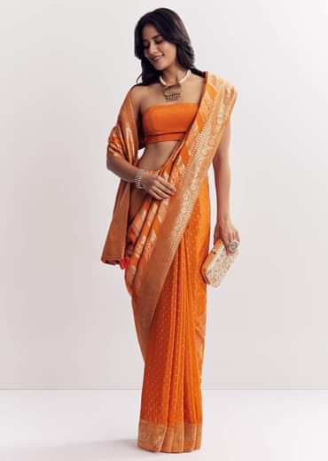 Orange Satin Saree With Zari Vine Design