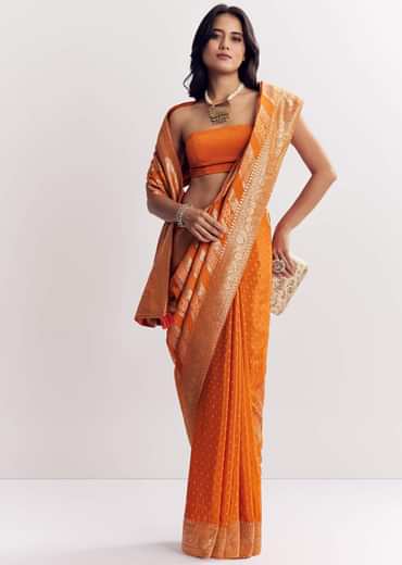 Orange Satin Saree With Zari Vine Design