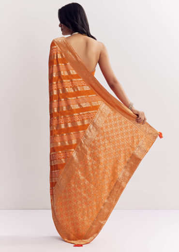 Orange Satin Saree With Zari Vine Design