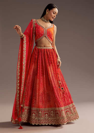 Orange Sequins Bandhani Lehenga Dupatta Set
