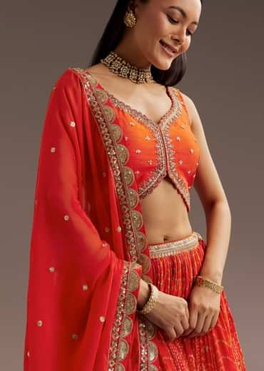Orange Sequins Bandhani Lehenga Dupatta Set