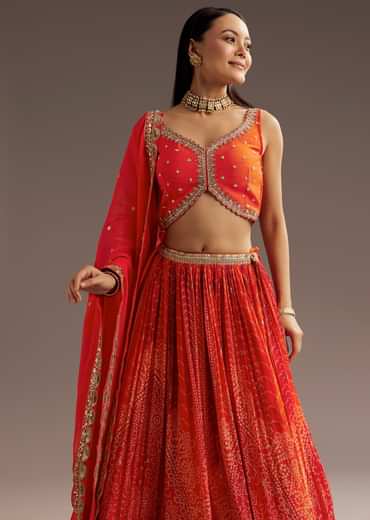 Orange Sequins Bandhani Lehenga Dupatta Set