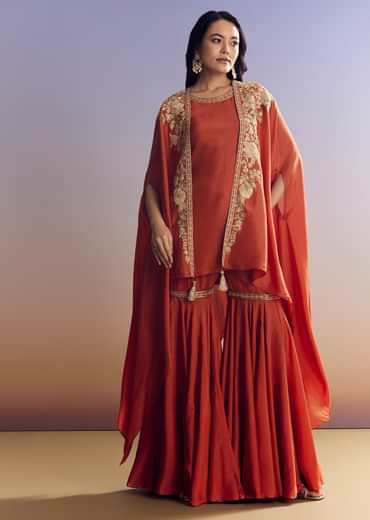 Orange Sharara With Zari Cape