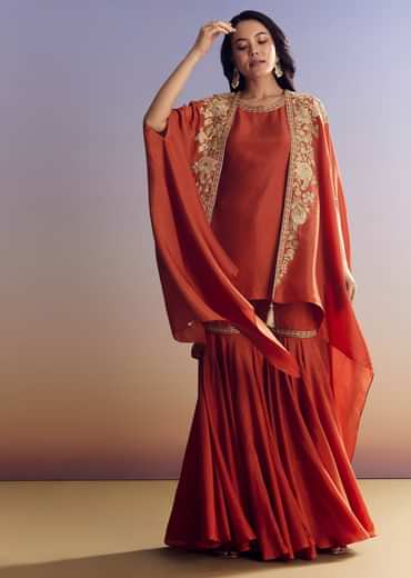 Orange Sharara With Zari Cape