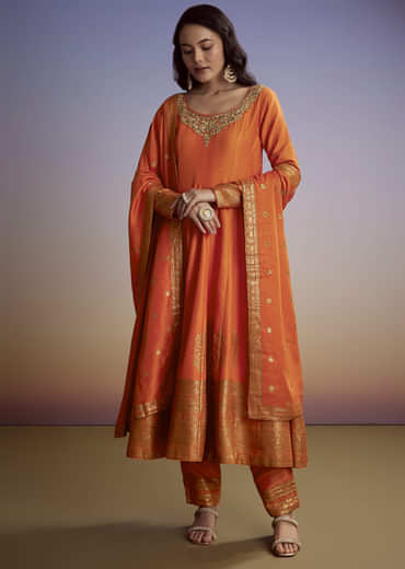 Orange Silk Anarkali Suit With Heavy Embroidery And Weave Border