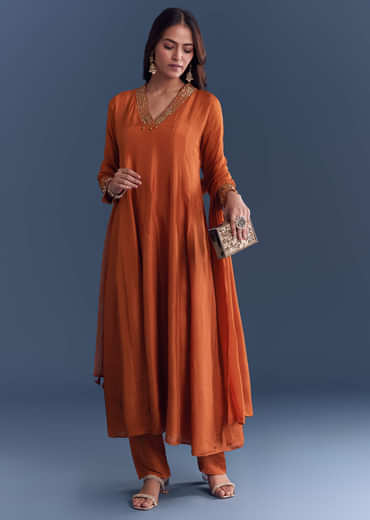 Orange Silk Anarkali Suit With Sequins And Cutdana Work